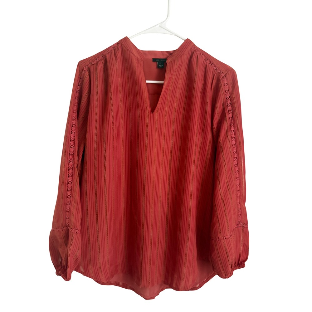 Ann Taylor Burnt Orange Ladder Stitch V-Neck Blouse Long Sleeve Top Small